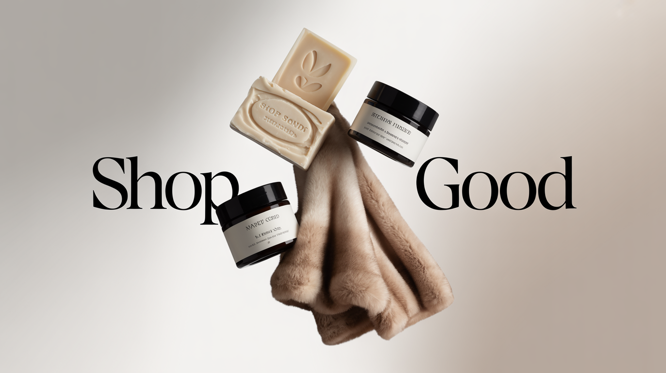 Cosmetic products including jars and a bar of soap with 'Shop Good' text on a neutral background